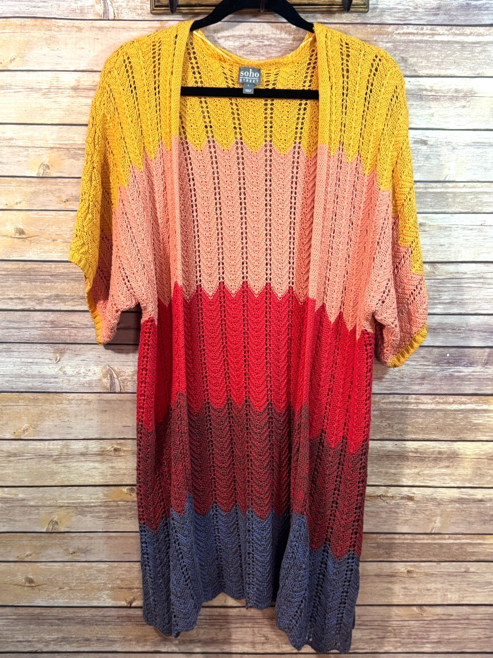 Soho Street Open-Front Colorblock Open Knit Short Sleeve Kimono Cardigan L